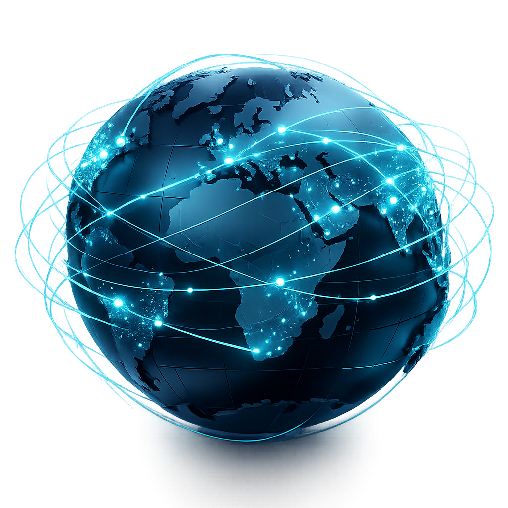 A glowing globe with payment routes connecting world cities